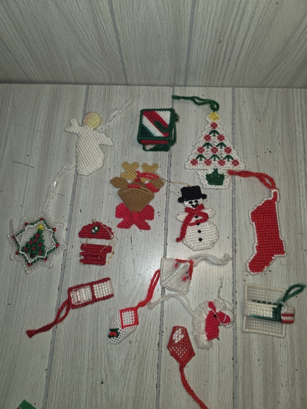 Vtg Needlepoint Christmas Ornaments Plastic Canvas Assortment Lot Of 15